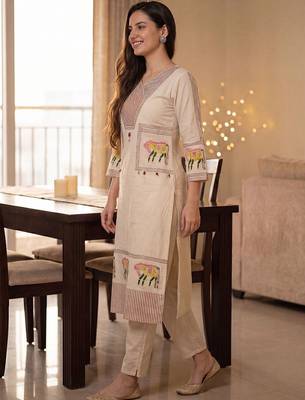 Women Ethnic Motifs Embroidered Regular Thread Work Pure Cotton Kurta with Trousers 3