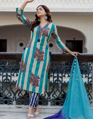 Women Printed Regular Pure Cotton Kurta with Trousers & With Dupatta 1