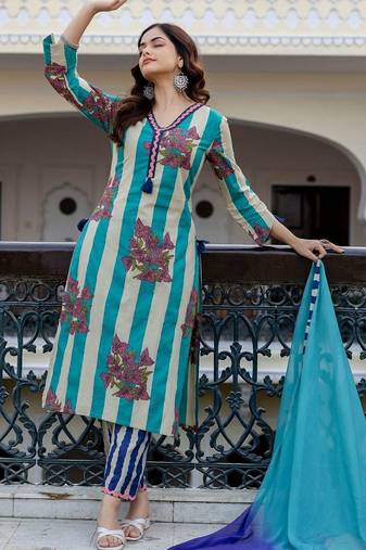 women printed regular  cotton kurta with trousers & with dupatta