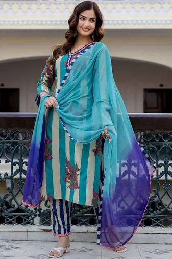 Women Printed Regular Pure Cotton Kurta with Trousers & With Dupatta