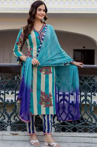 Women Printed Regular Pure Cotton Kurta with Trousers & With Dupatta