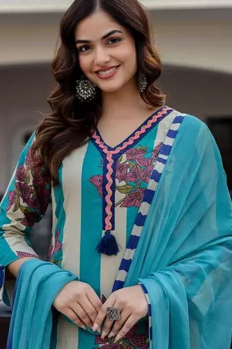 Women Printed Regular Pure Cotton Kurta with Trousers & With Dupatta