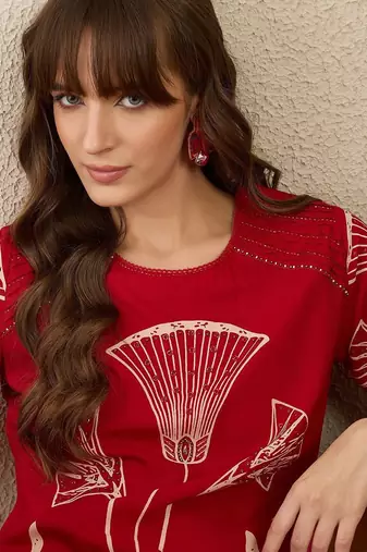 Ethnic Motifs Printed Round Neck Beads & Stones Straight Kurta With Palazzos