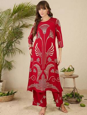 Ethnic Motifs Printed Round Neck Beads & Stones Straight Kurta With Palazzos 3