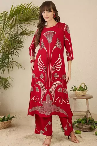 Ethnic Motifs Printed Round Neck Beads & Stones Straight Kurta With Palazzos