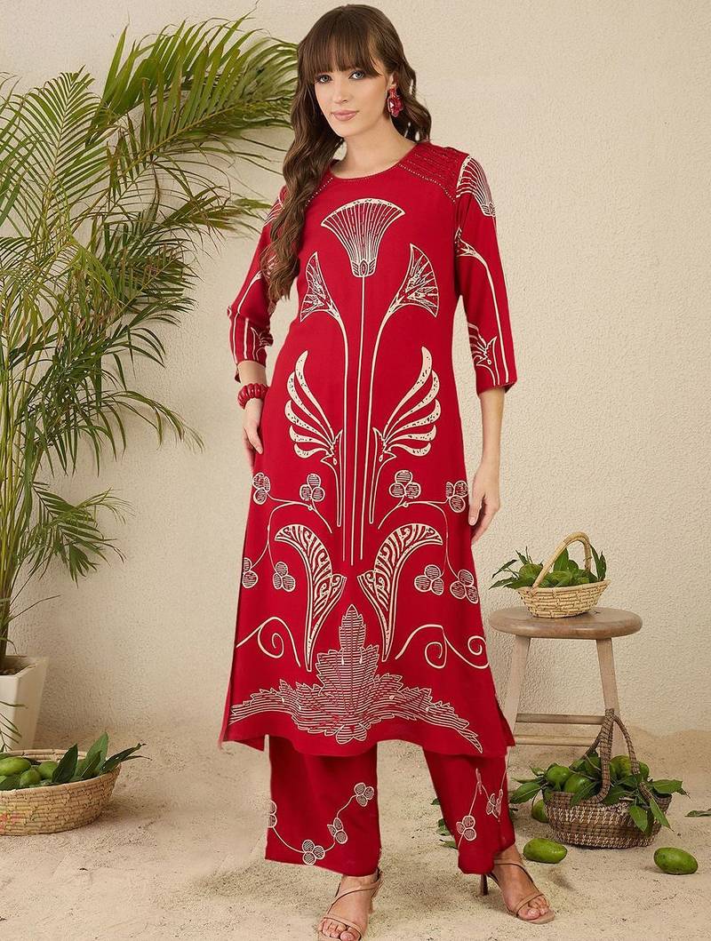 Ethnic Motifs Printed Round Neck Beads & Stones Straight Kurta With Palazzos