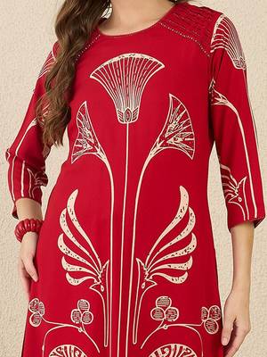 Ethnic Motifs Printed Round Neck Beads & Stones Straight Kurta With Palazzos 4