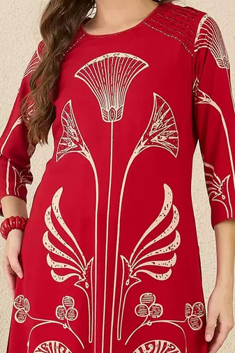 Ethnic Motifs Printed Round Neck Beads & Stones Straight Kurta With Palazzos