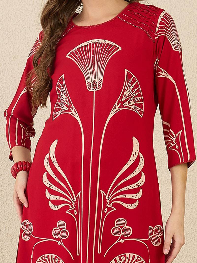 Ethnic Motifs Printed Round Neck Beads & Stones Straight Kurta With Palazzos