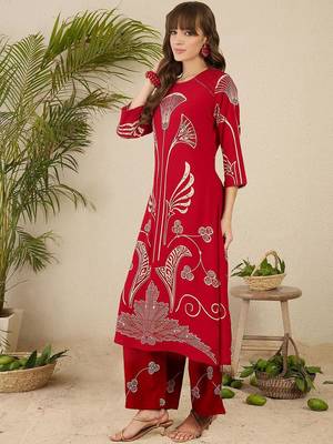 Ethnic Motifs Printed Round Neck Beads & Stones Straight Kurta With Palazzos 1