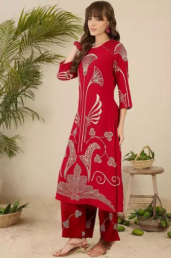 Ethnic Motifs Printed Round Neck Beads & Stones Straight Kurta With Palazzos