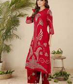 Ethnic Motifs Printed Round Neck Beads & Stones Straight Kurta With Palazzos