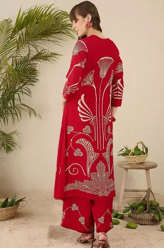 Ethnic Motifs Printed Round Neck Beads & Stones Straight Kurta With Palazzos