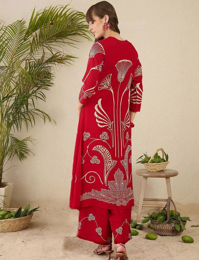 Ethnic Motifs Printed Round Neck Beads & Stones Straight Kurta With Palazzos