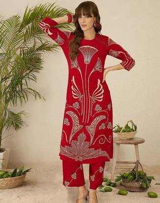 Ethnic Motifs Printed Round Neck Beads & Stones Straight Kurta With Palazzos 6