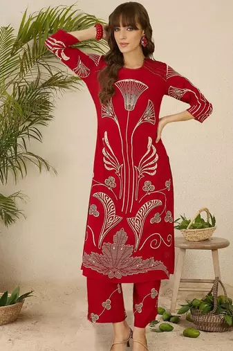 Ethnic Motifs Printed Round Neck Beads & Stones Straight Kurta With Palazzos