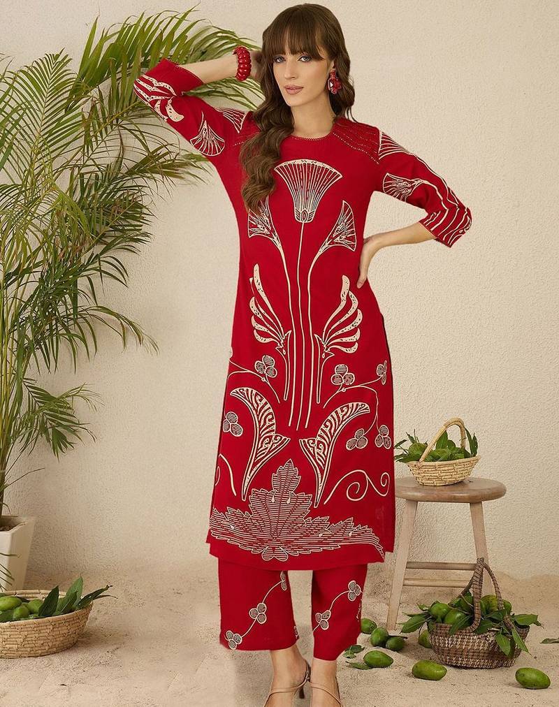 Ethnic Motifs Printed Round Neck Beads & Stones Straight Kurta With Palazzos