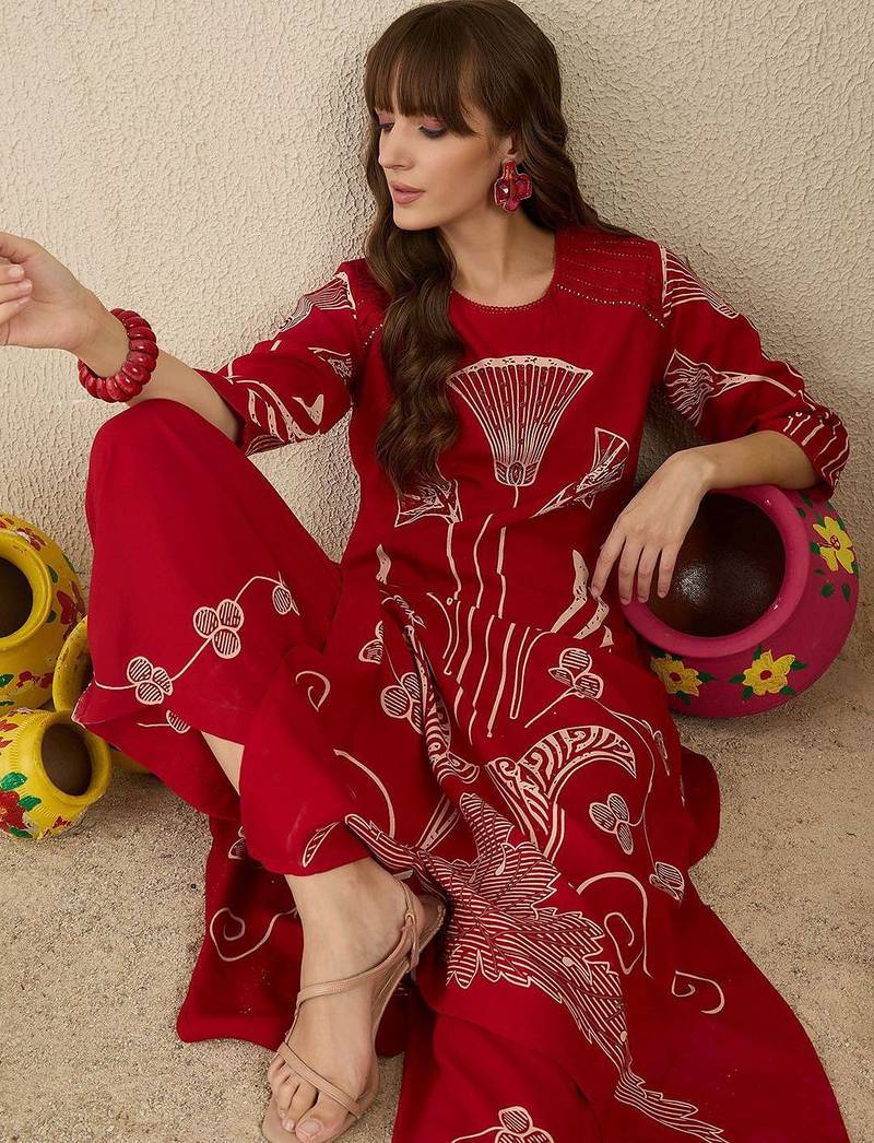 Ethnic Motifs Printed Round Neck Beads & Stones Straight Kurta With Palazzos
