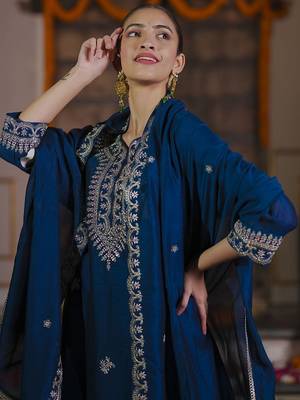 Women Ethnic Motifs Embroidered Regular Kurta with Trousers & With Dupatta 6
