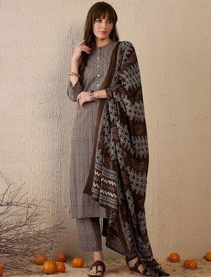 women printed regular  cotton kurta with trousers & with dupatta 1