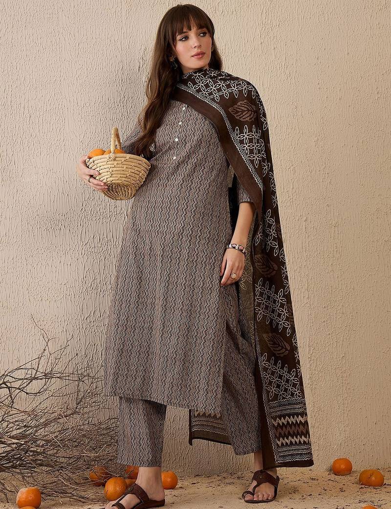 women printed regular  cotton kurta with trousers & with dupatta