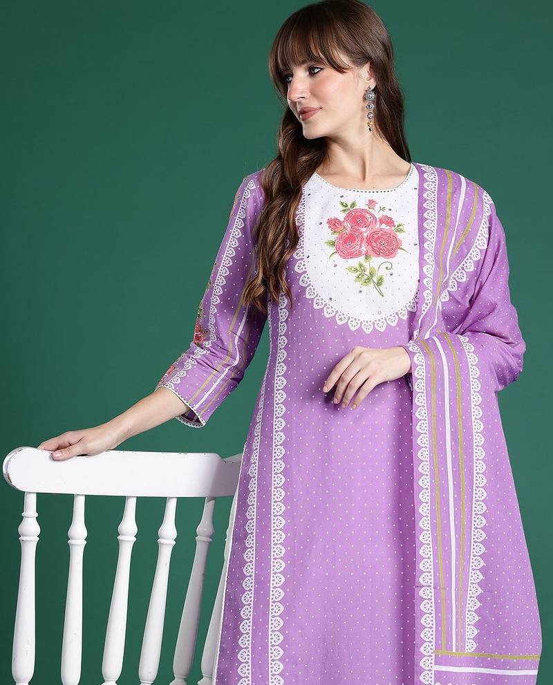 Floral Printed Regular Pure Cotton Kurta with Trousers & Dupatta