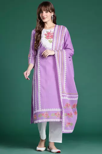 Floral Printed Regular Pure Cotton Kurta with Trousers & Dupatta