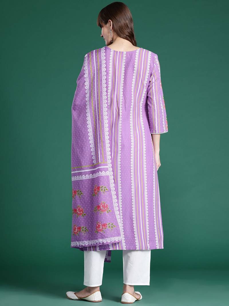 Floral Printed Regular Pure Cotton Kurta with Trousers & Dupatta