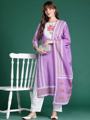 Floral Printed Regular Pure Cotton Kurta with Trousers & Dupatta 8