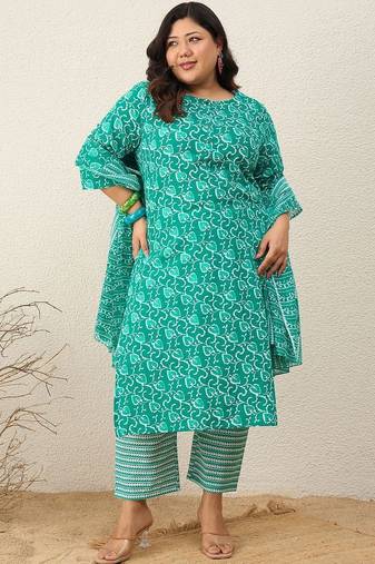Plus Size Ethnic Motifs Printed Regular Kurta with Trousers & With Dupatta