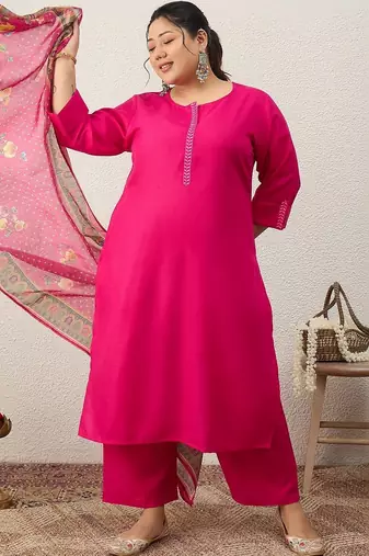 Plus Size Ethnic Motifs Regular Thread Work Kurta with Trousers & With Dupatta