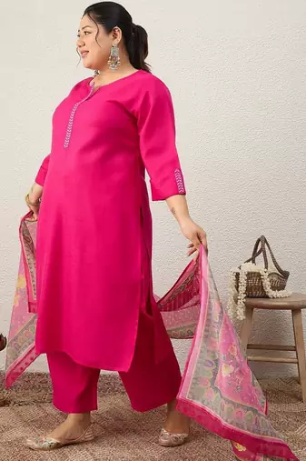 Plus Size Ethnic Motifs Regular Thread Work Kurta with Trousers & With Dupatta