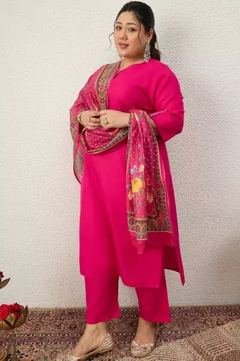 Plus Size Ethnic Motifs Regular Thread Work Kurta with Trousers & With Dupatta