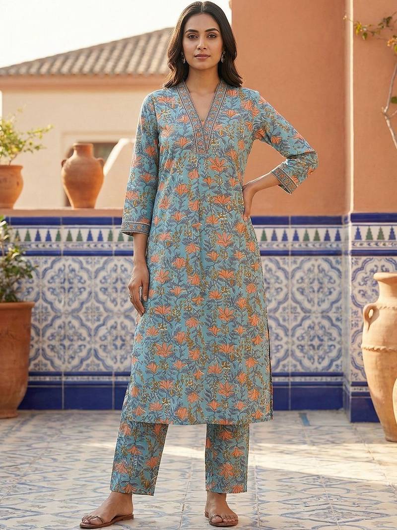 Women Floral Printed Regular Thread Work Pure Cotton Kurta with Trousers