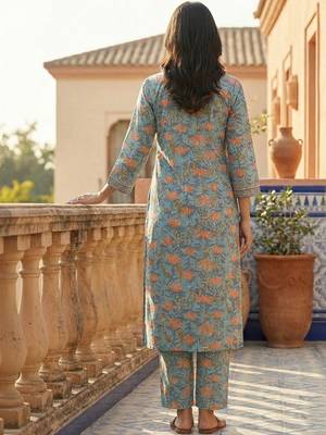 Women Floral Printed Regular Thread Work Pure Cotton Kurta with Trousers 4