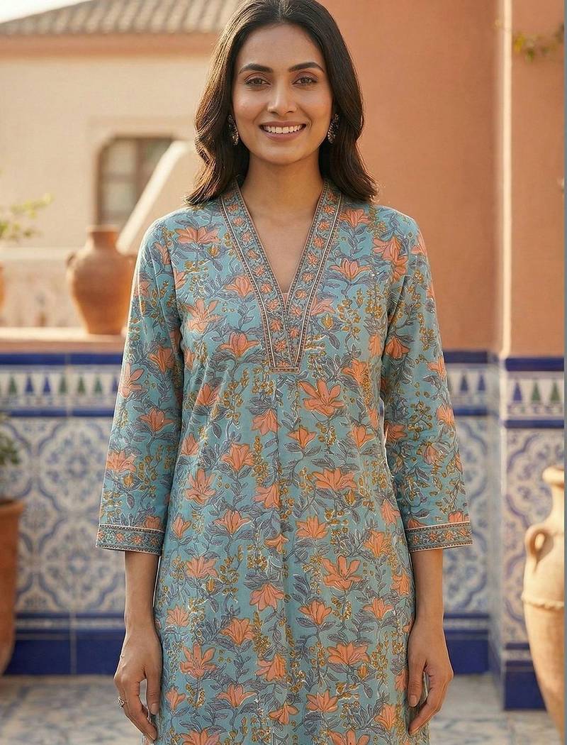 Women Floral Printed Regular Thread Work Pure Cotton Kurta with Trousers