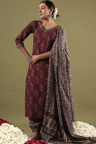 Women Floral Printed Regular Pure Cotton Kurta with Salwar & With Dupatta