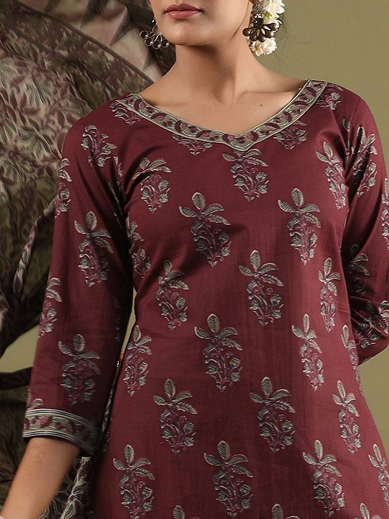 Women Floral Printed Regular Pure Cotton Kurta with Salwar & With Dupatta