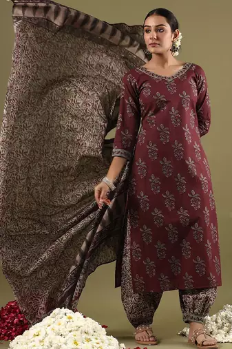 Women Floral Printed Regular Pure Cotton Kurta with Salwar & With Dupatta