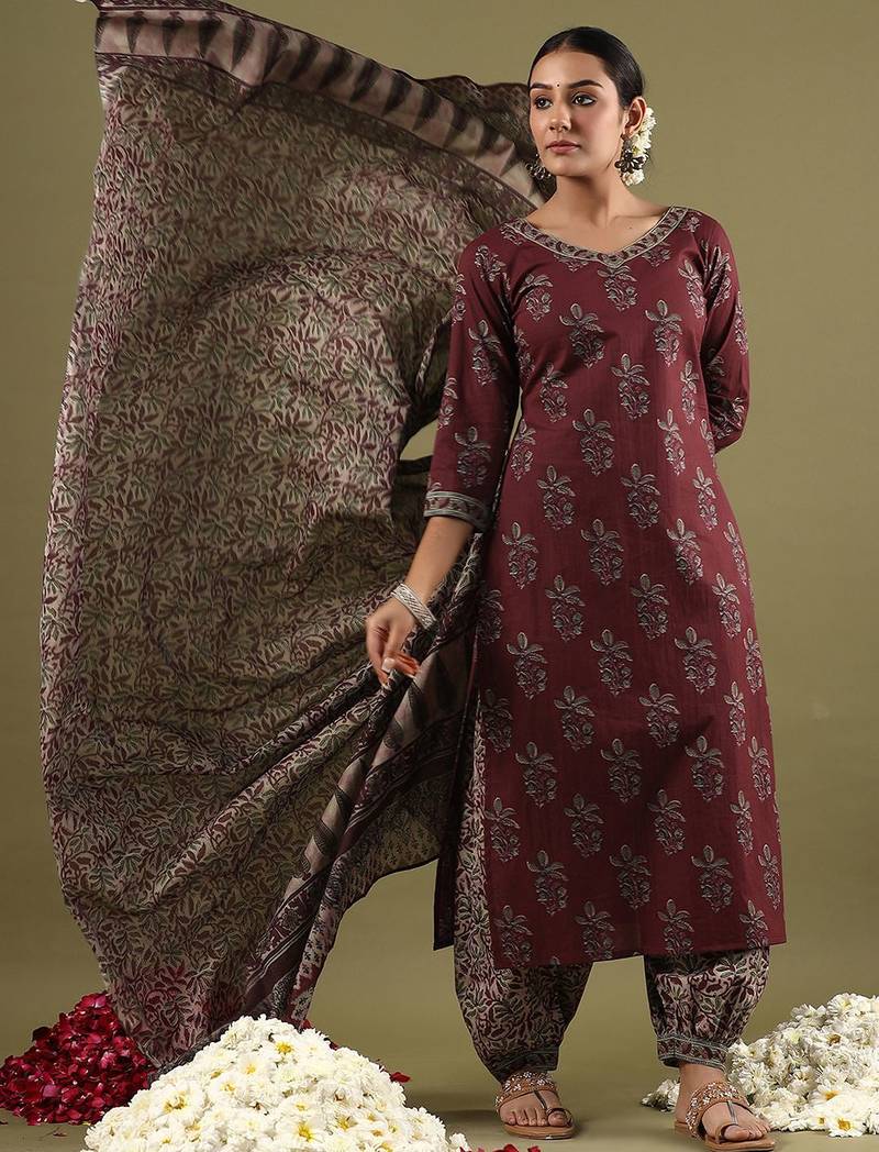 Women Floral Printed Regular Pure Cotton Kurta with Salwar & With Dupatta