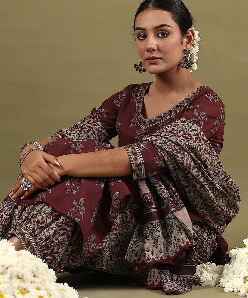 Women Floral Printed Regular Pure Cotton Kurta with Salwar & With Dupatta