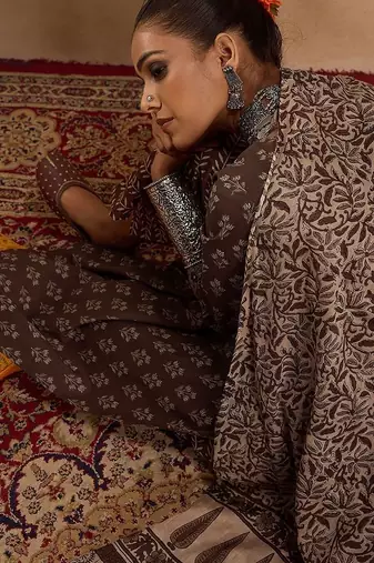 Ethnic Motifs Printed Pure Cotton Straight Kurta with Palazzos & Dupatta
