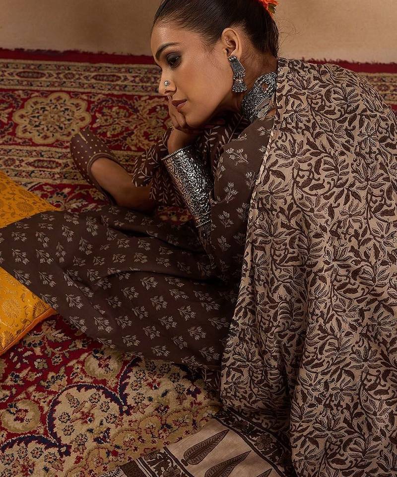 Ethnic Motifs Printed Pure Cotton Straight Kurta with Palazzos & Dupatta
