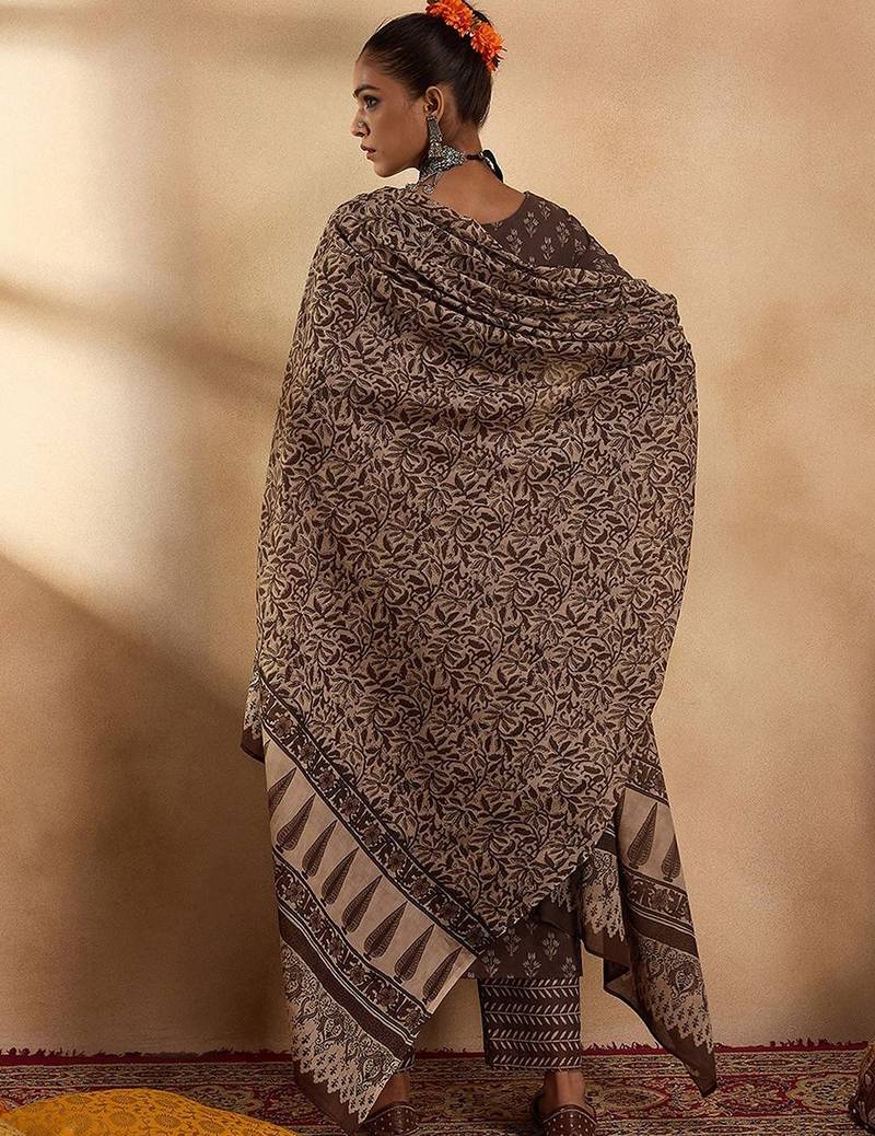 Ethnic Motifs Printed Pure Cotton Straight Kurta with Palazzos & Dupatta