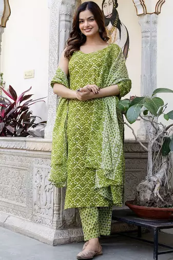 Floral Printed V-Neck Pure Cotton Straight Kurta With Trouser And Dupatta