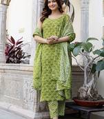 Floral Printed V-Neck Pure Cotton Straight Kurta With Trouser And Dupatta