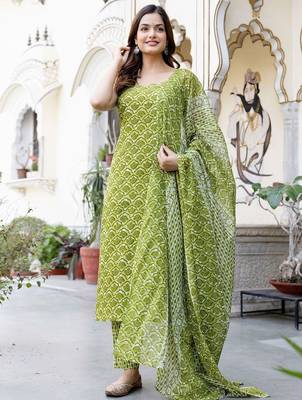 Floral Printed V-Neck Pure Cotton Straight Kurta With Trouser And Dupatta 5