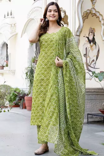 Floral Printed V-Neck Pure Cotton Straight Kurta With Trouser And Dupatta