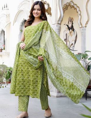 Floral Printed V-Neck Pure Cotton Straight Kurta With Trouser And Dupatta 7