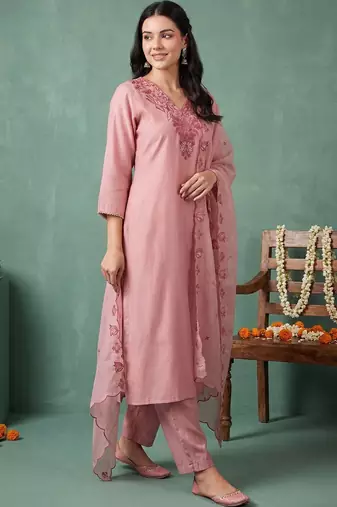 Women Ethnic Motifs Embroidered Regular Thread Work Kurta with Trousers & With Dupatta